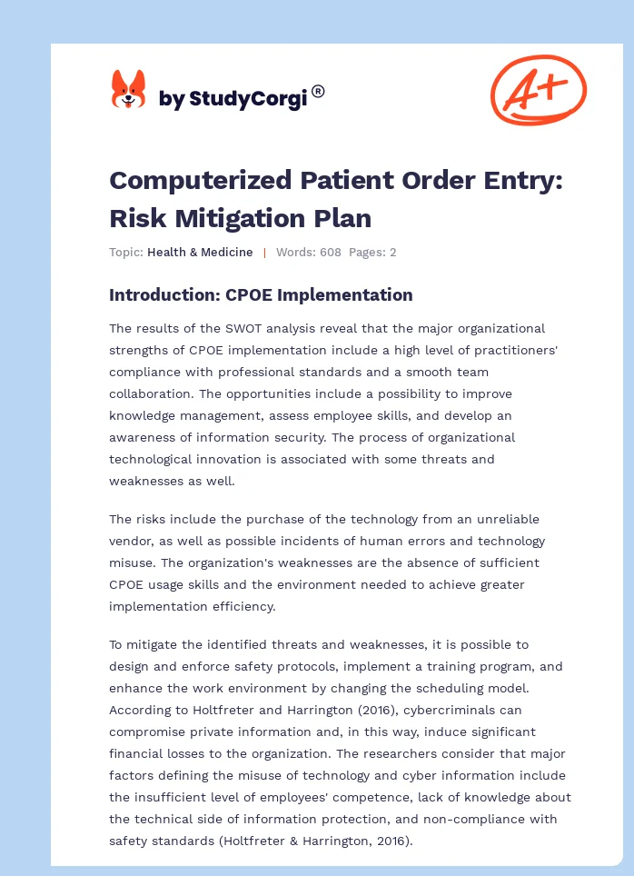 Computerized Patient Order Entry: Risk Mitigation Plan. Page 1