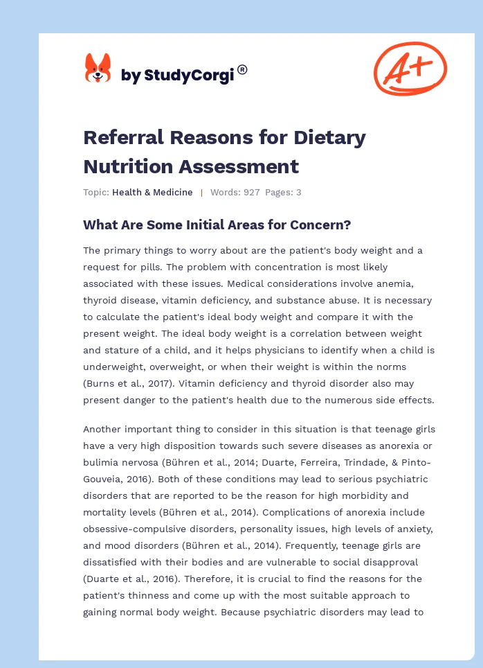 Referral Reasons for Dietary Nutrition Assessment. Page 1