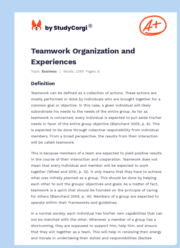 Teamwork Organization and Experiences. Page 1