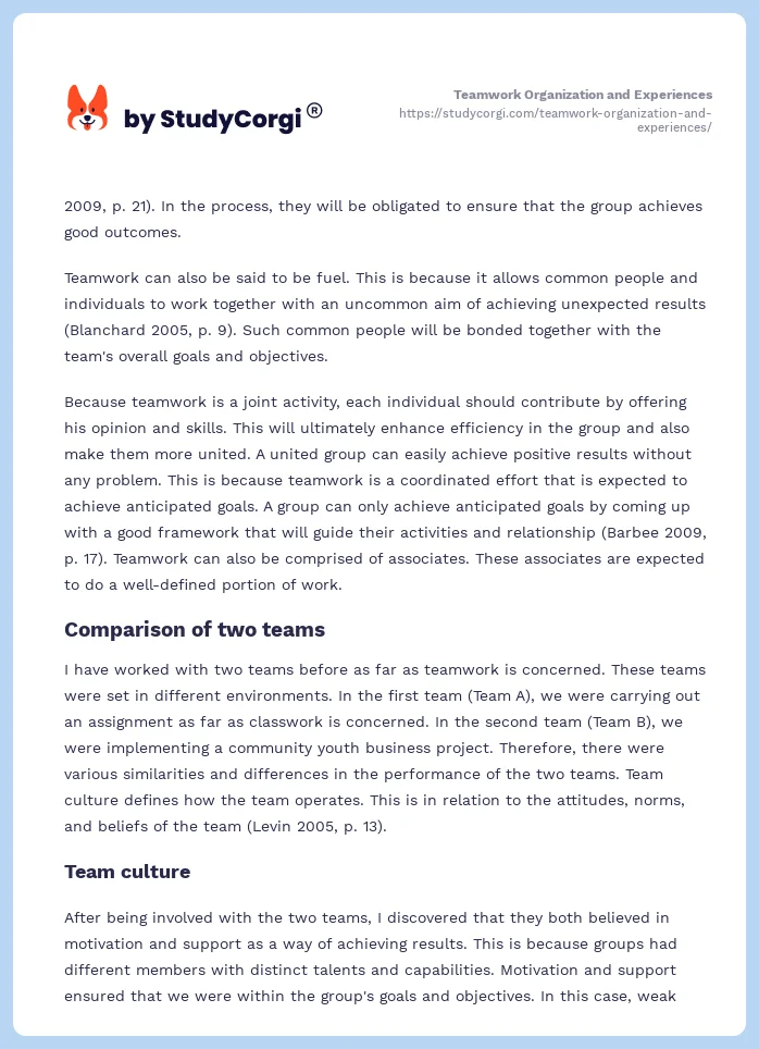 Teamwork Organization and Experiences. Page 2