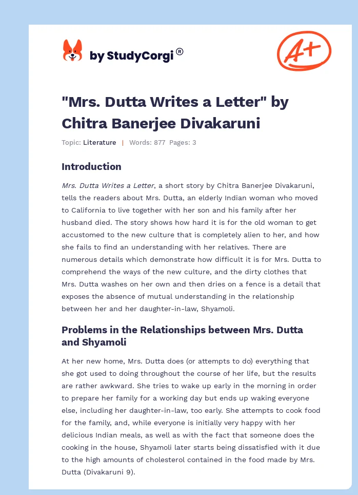 "Mrs. Dutta Writes a Letter" by Chitra Banerjee Divakaruni. Page 1