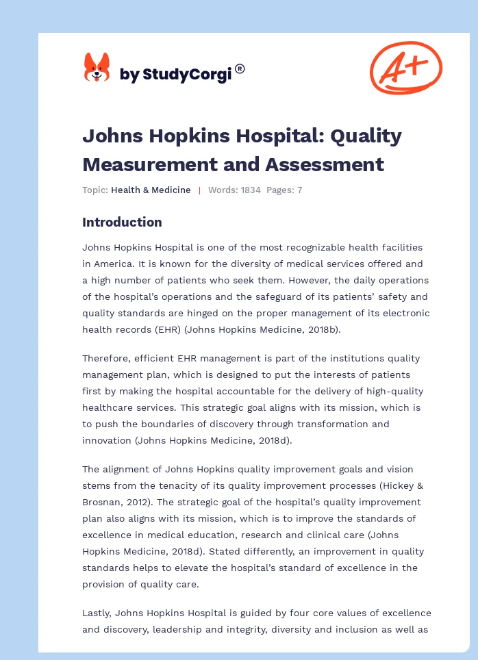 Johns Hopkins Hospital: Quality Measurement and Assessment. Page 1