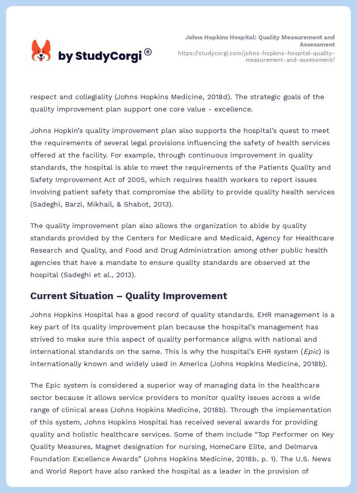 Johns Hopkins Hospital: Quality Measurement and Assessment. Page 2