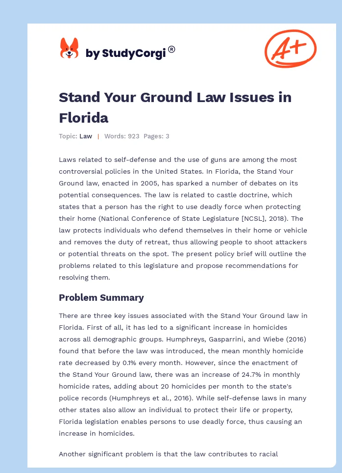 Stand Your Ground Law Issues in Florida. Page 1