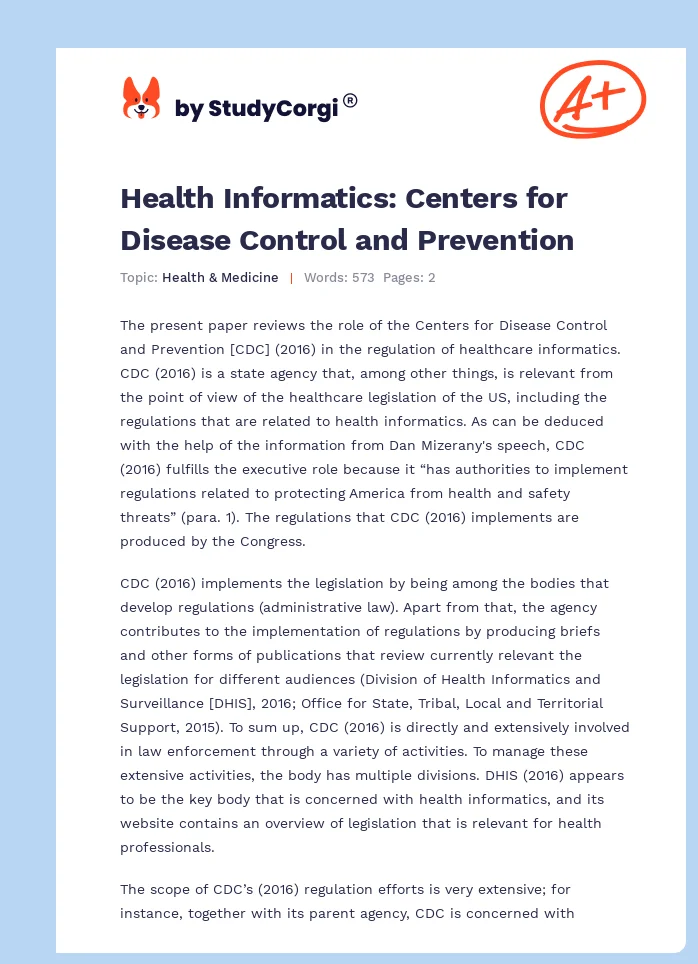 Health Informatics: Centers for Disease Control and Prevention. Page 1
