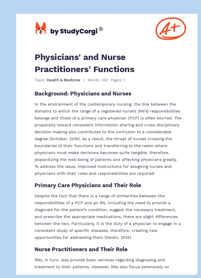 Physicians' and Nurse Practitioners' Functions. Page 1
