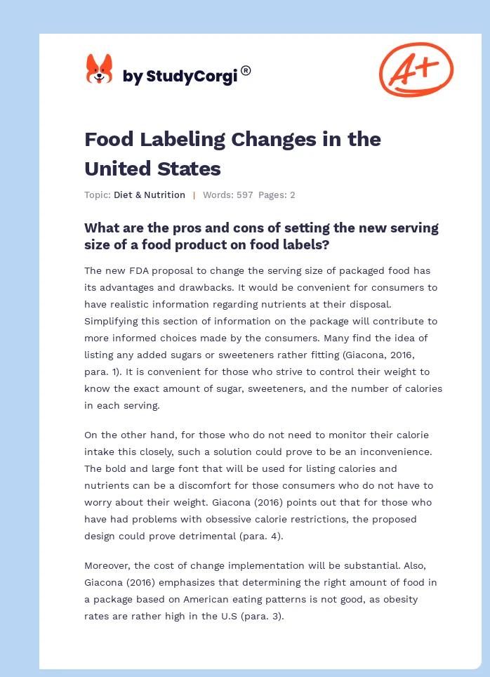 Food Labeling Changes in the United States. Page 1