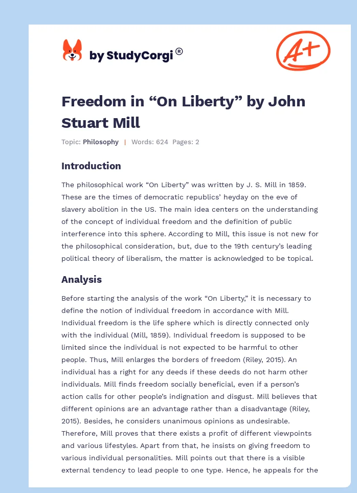 Freedom in “On Liberty” by John Stuart Mill. Page 1