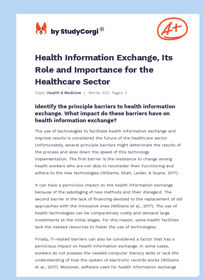 Health Information Exchange, Its Role and Importance for the Healthcare Sector. Page 1