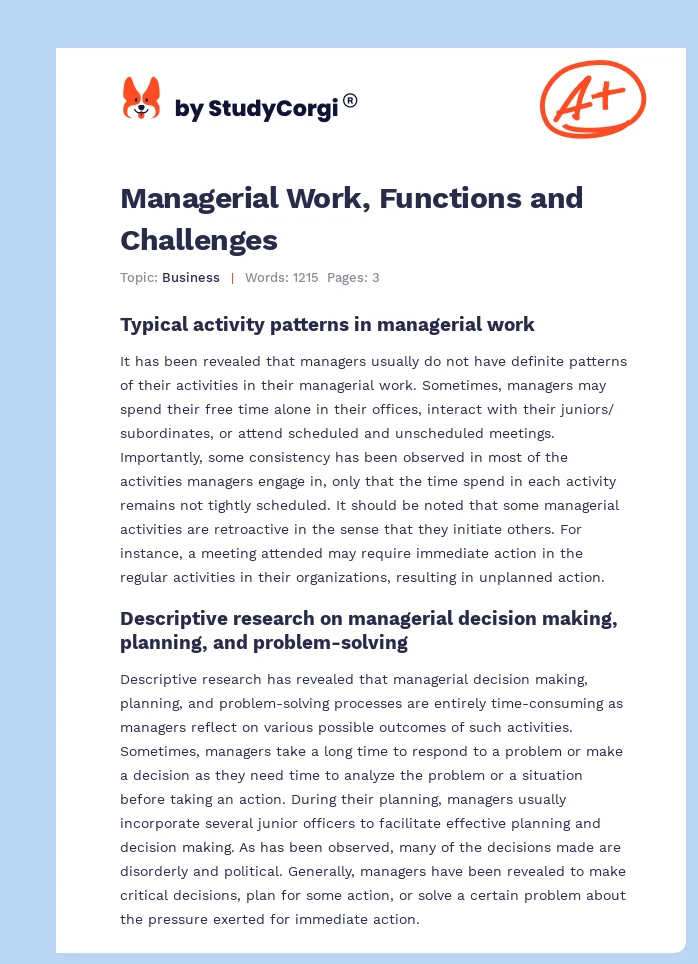 Managerial Work, Functions and Challenges. Page 1