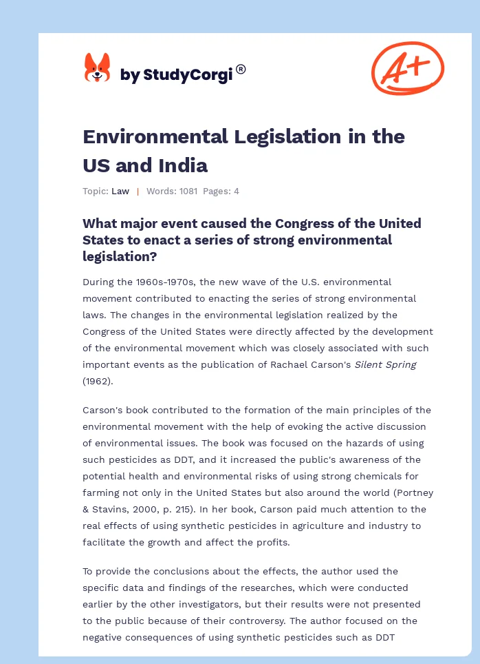 Environmental Legislation in the US and India. Page 1