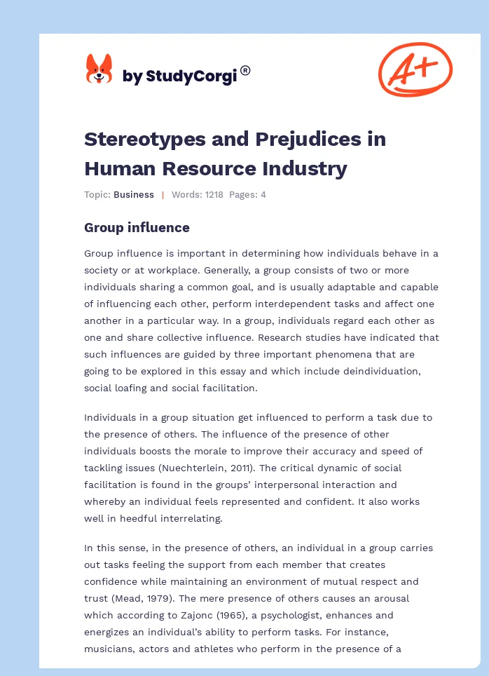 Stereotypes and Prejudices in Human Resource Industry. Page 1