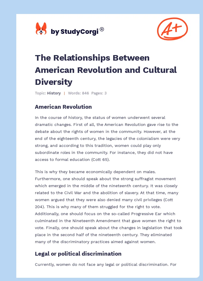 The Relationships Between American Revolution and Cultural Diversity. Page 1