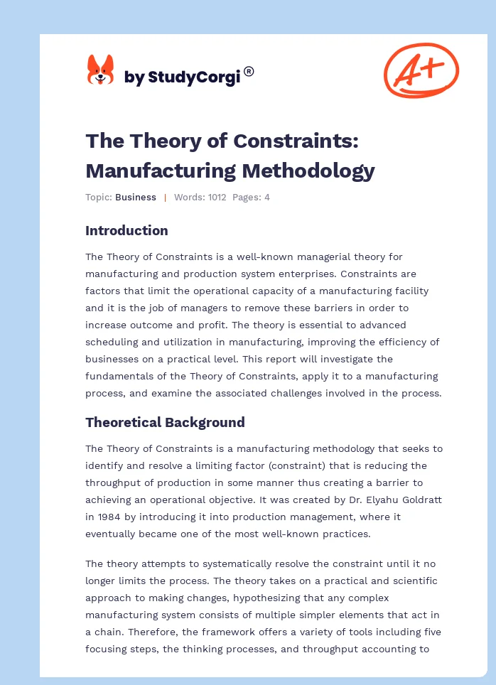 The Theory of Constraints: Manufacturing Methodology. Page 1