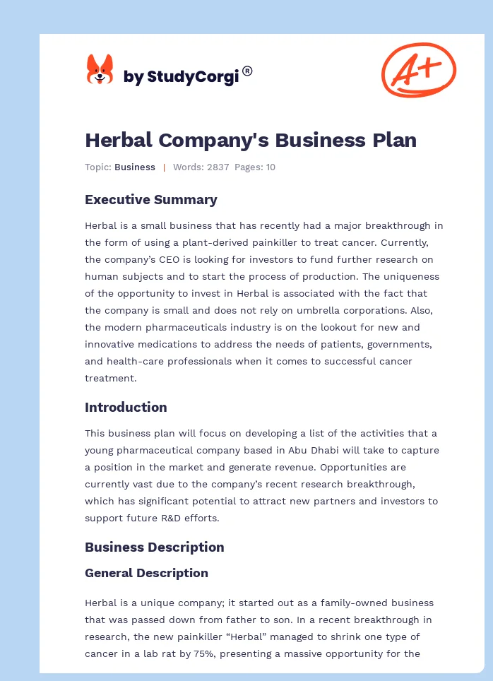 Herbal Company's Business Plan. Page 1
