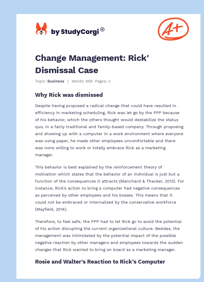 Change Management: Rick' Dismissal Case. Page 1