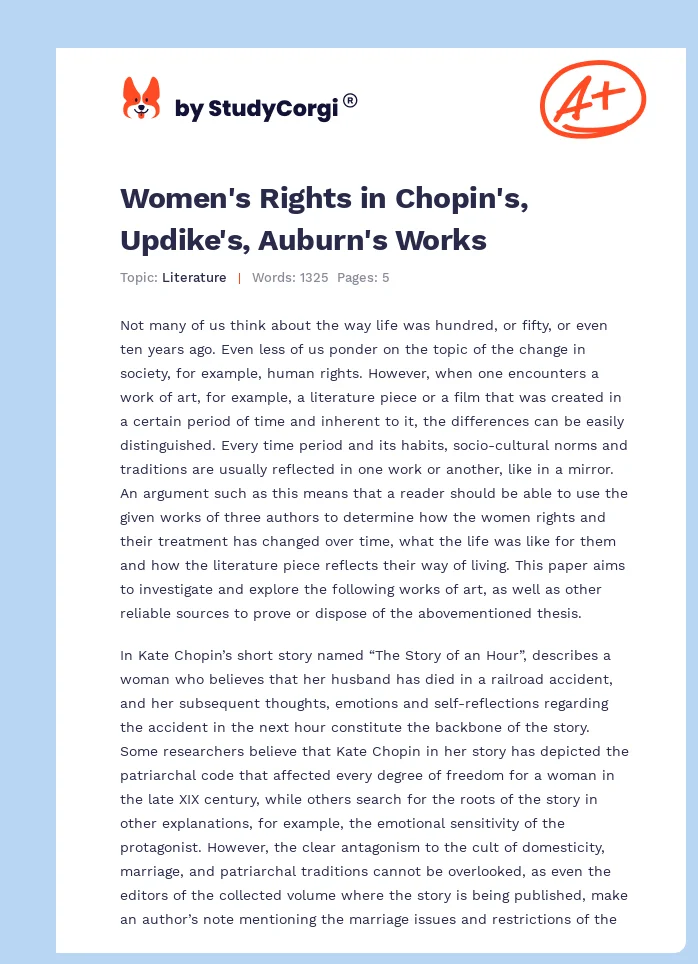 Women's Rights in Chopin's, Updike's, Auburn's Works. Page 1