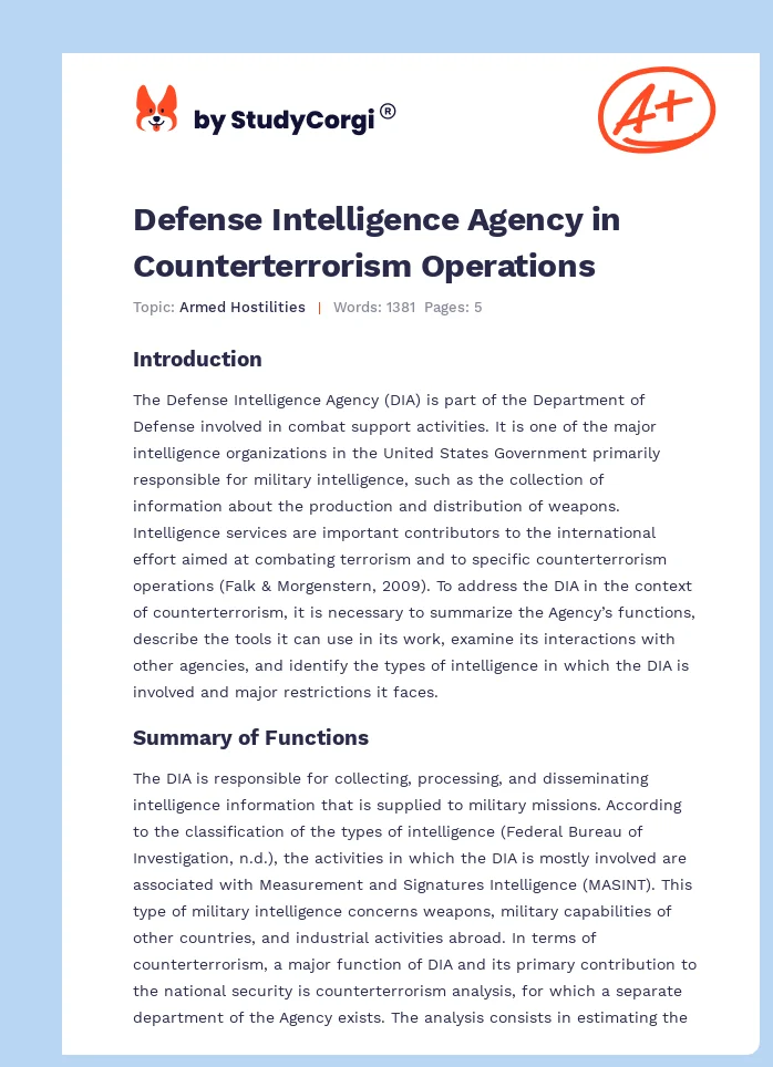 Defense Intelligence Agency in Counterterrorism Operations. Page 1
