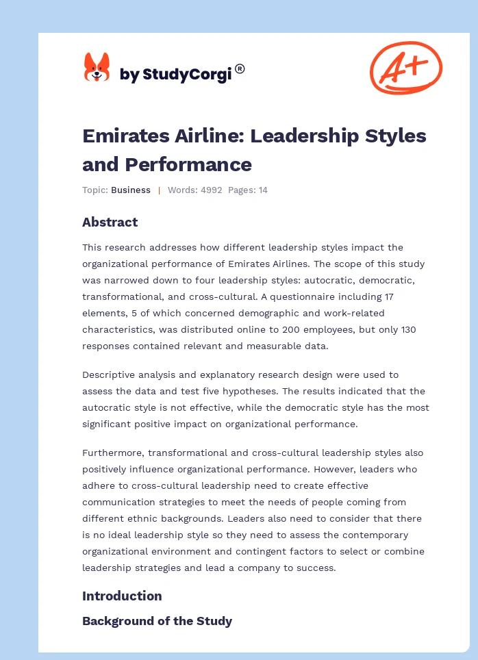 Emirates Airline: Leadership Styles and Performance. Page 1