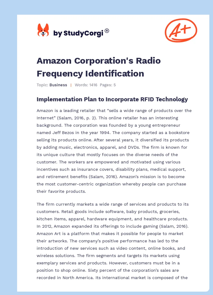 Amazon Corporation's Radio Frequency Identification. Page 1