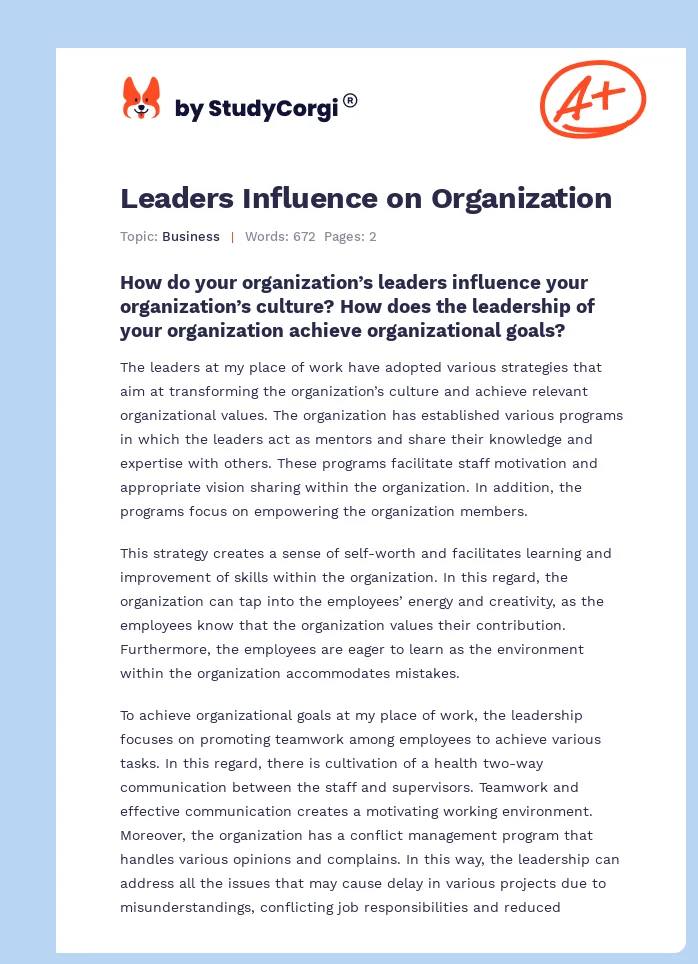 Leaders Influence on Organization. Page 1