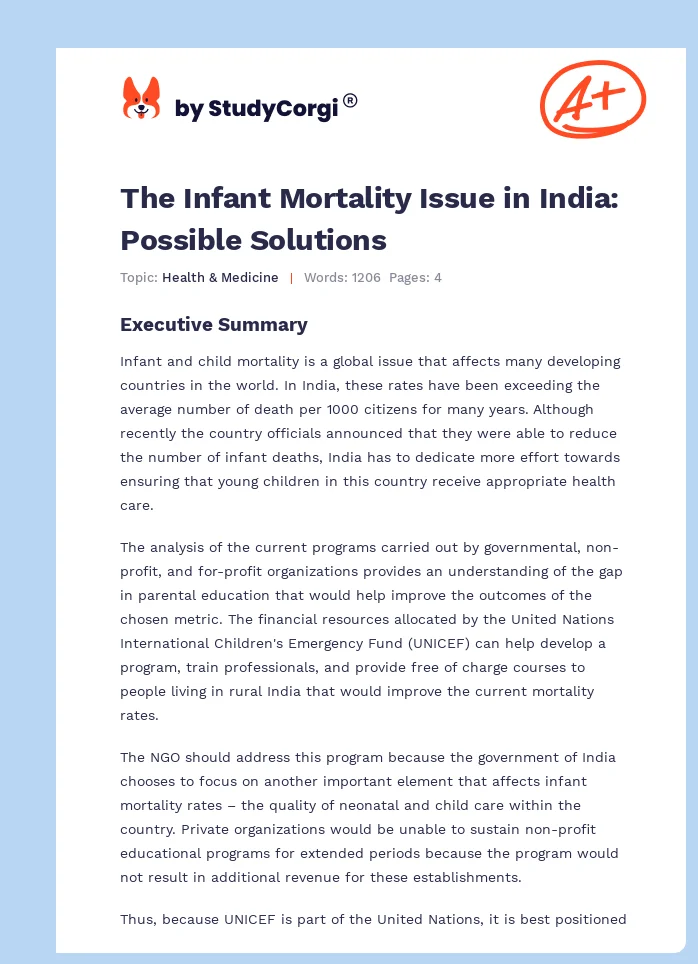 The Infant Mortality Issue in India: Possible Solutions. Page 1