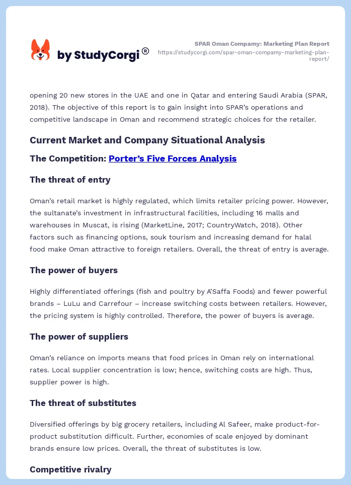 SPAR Oman Compamy: Marketing Plan Report. Page 2