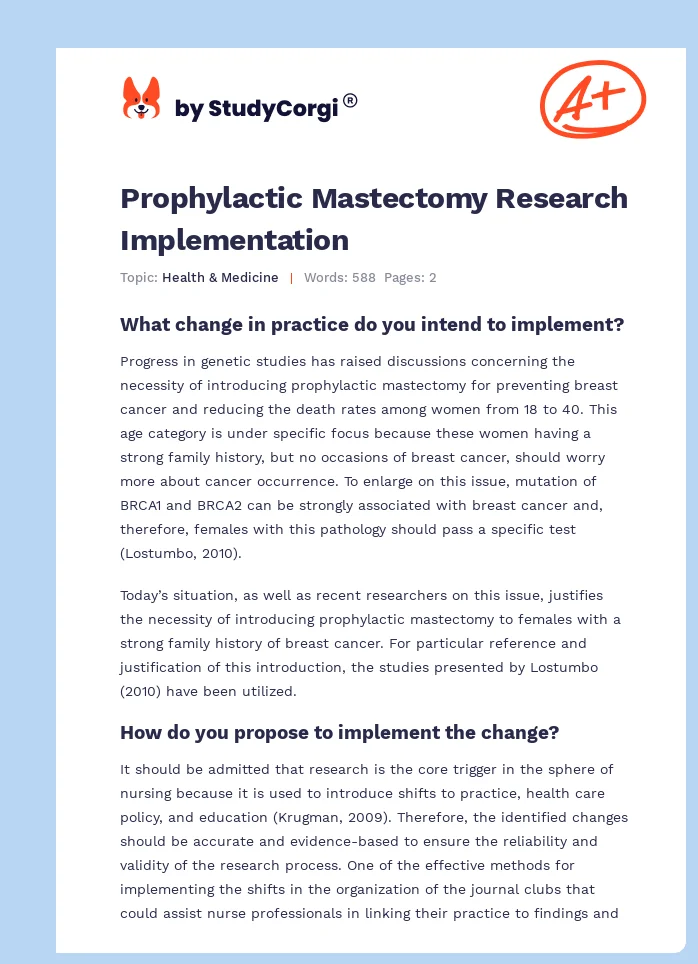Prophylactic Mastectomy Research Implementation. Page 1