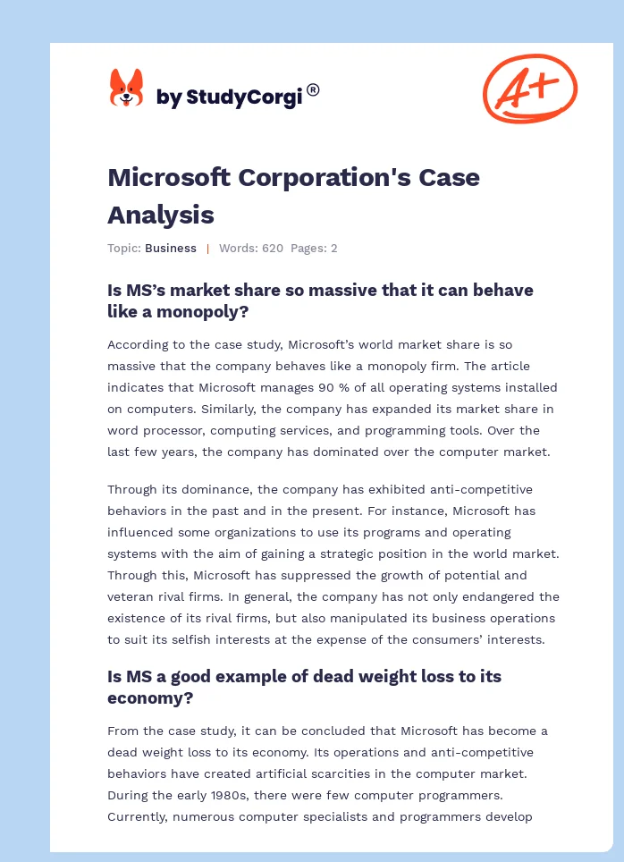 Microsoft Corporation's Case Analysis. Page 1