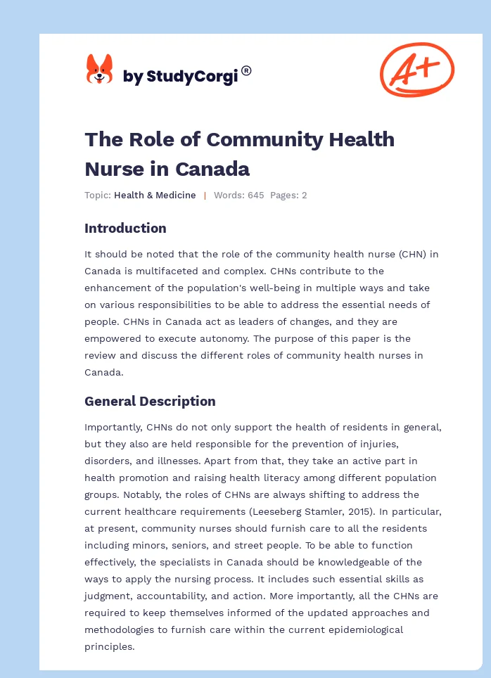 The Role of Community Health Nurse in Canada. Page 1