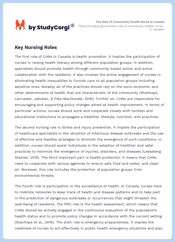 The Role of Community Health Nurse in Canada. Page 2