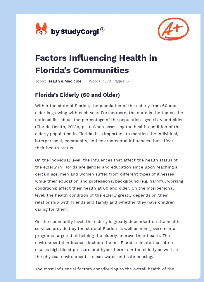 Factors Influencing Health in Florida's Communities. Page 1