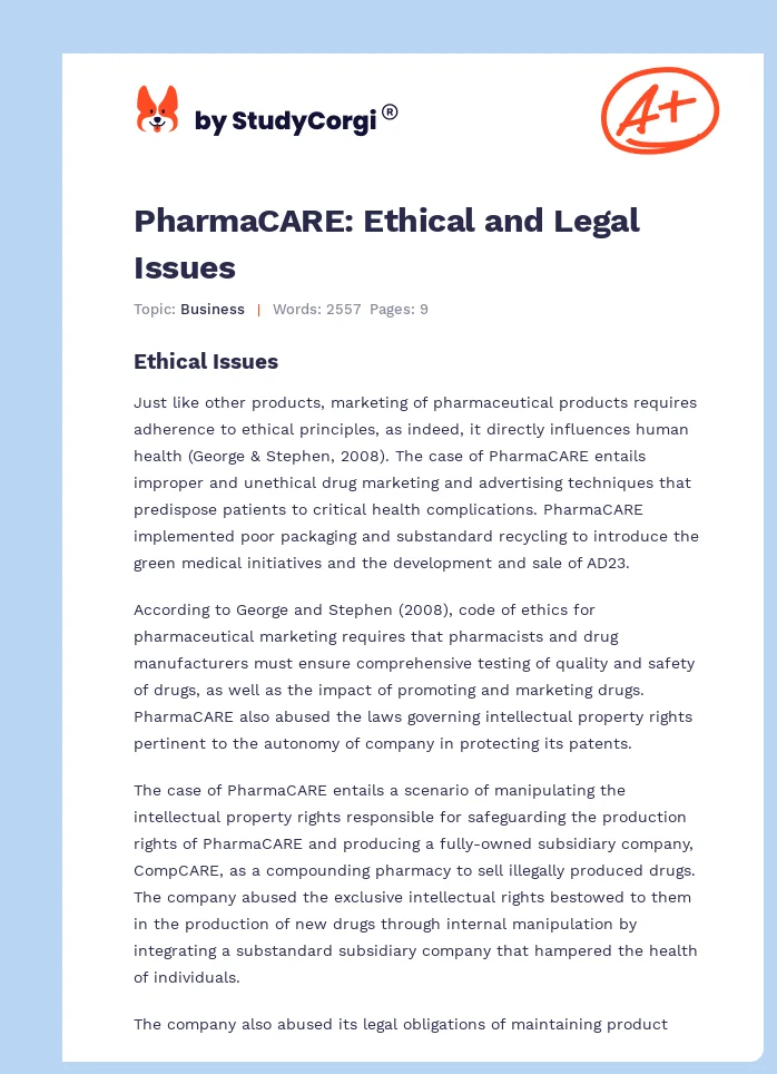 PharmaCARE: Ethical and Legal Issues. Page 1