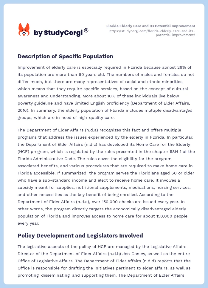 Florida Elderly Care and Its Potential Improvement. Page 2