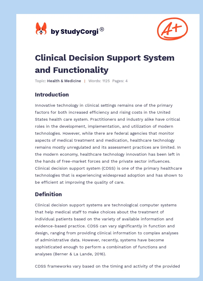 Clinical Decision Support System and Functionality. Page 1