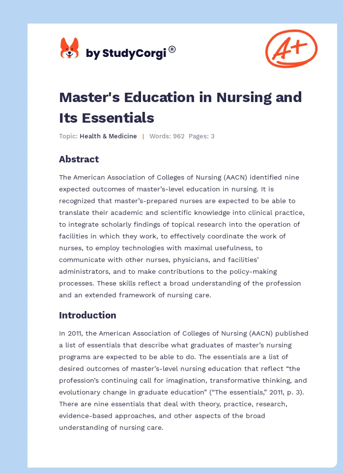 Master's Education in Nursing and Its Essentials. Page 1