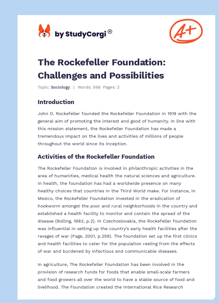 The Rockefeller Foundation: Challenges and Possibilities. Page 1