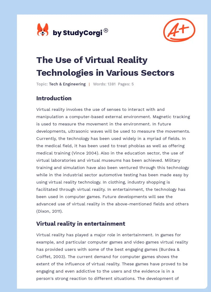 The Use of Virtual Reality Technologies in Various Sectors. Page 1