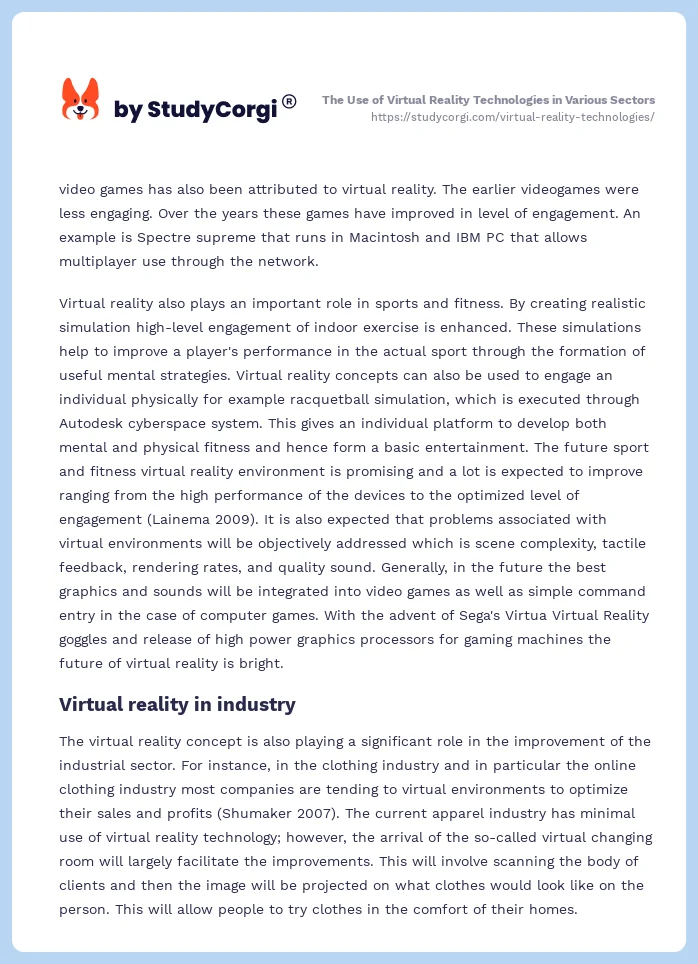 The Use of Virtual Reality Technologies in Various Sectors. Page 2