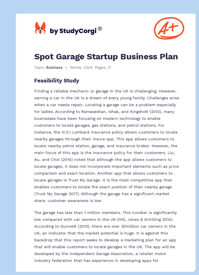 Spot Garage Startup Business Plan. Page 1