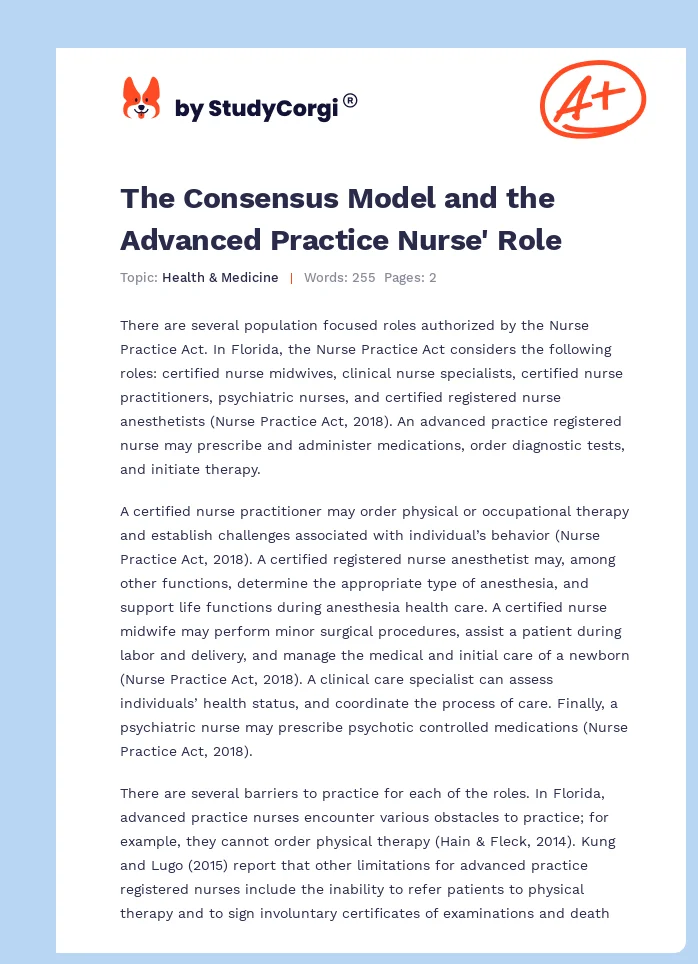 The Consensus Model and the Advanced Practice Nurse' Role. Page 1
