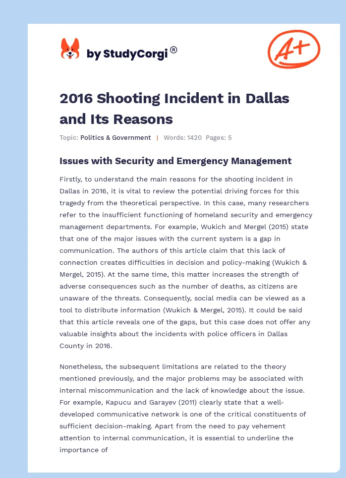 2016 Shooting Incident in Dallas and Its Reasons. Page 1
