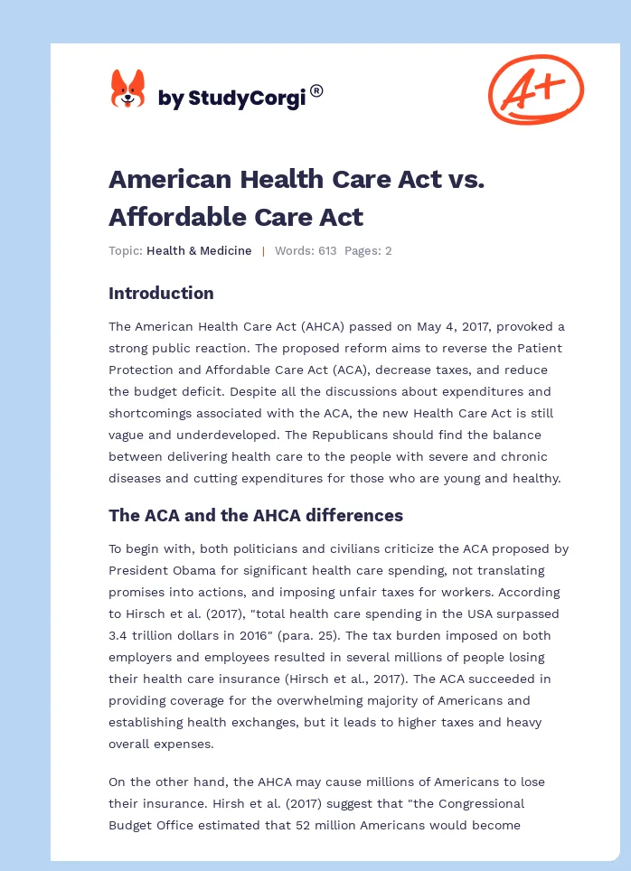 American Health Care Act vs. Affordable Care Act. Page 1