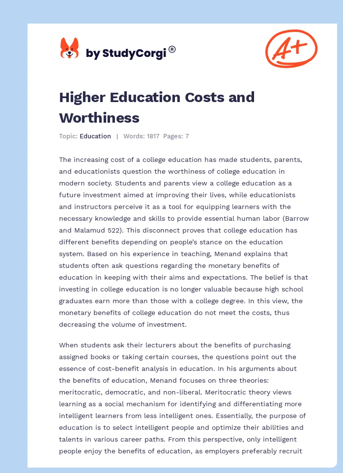 Higher Education Costs and Worthiness. Page 1