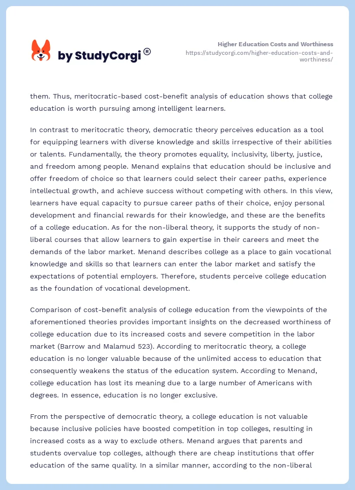 Higher Education Costs and Worthiness. Page 2
