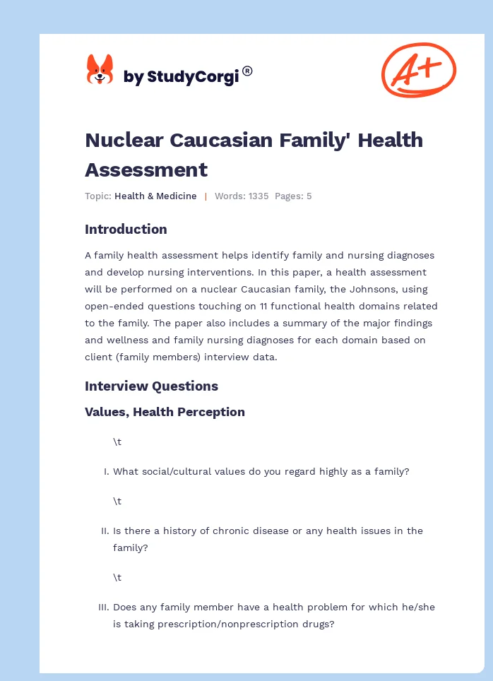Nuclear Caucasian Family' Health Assessment. Page 1