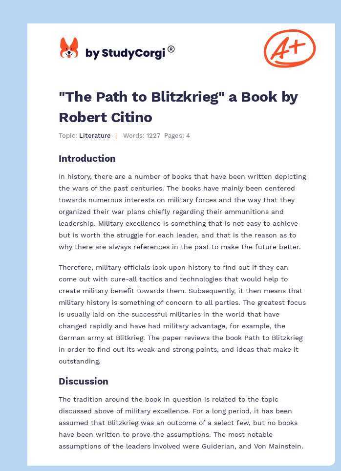 "The Path to Blitzkrieg" a Book by Robert Citino. Page 1