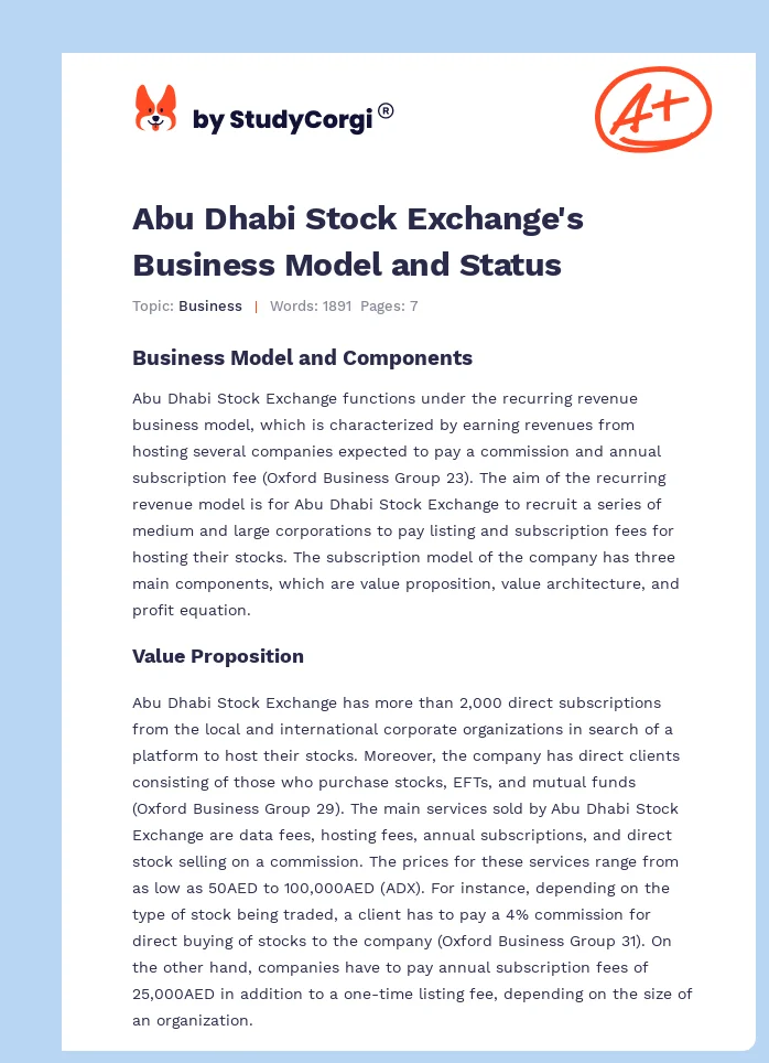 Abu Dhabi Stock Exchange's Business Model and Status. Page 1