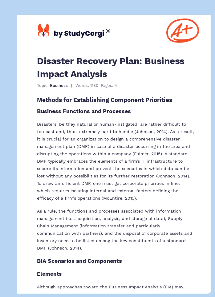 Disaster Recovery Plan: Business Impact Analysis. Page 1