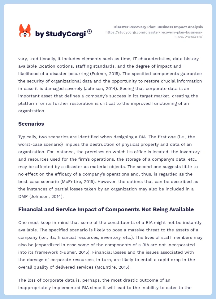Disaster Recovery Plan: Business Impact Analysis. Page 2